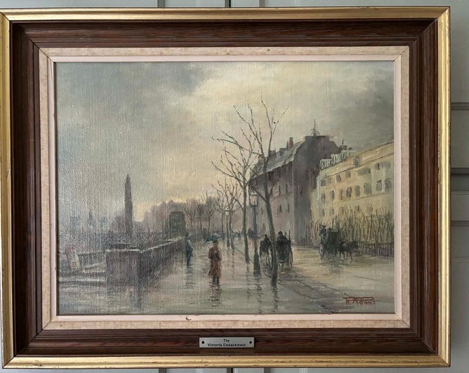 Vintage London Oil Painting Victoria Embankment Thames Signed R Adams Framed
