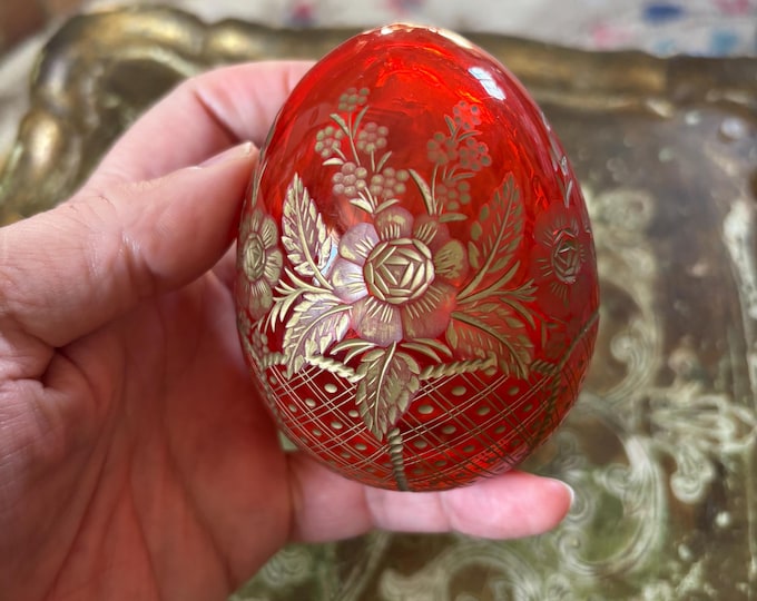 Ruby Red Decorative Glass Egg | Gold Floral & Phoenix Bird Design | Bohemian Style Ornamental Glass