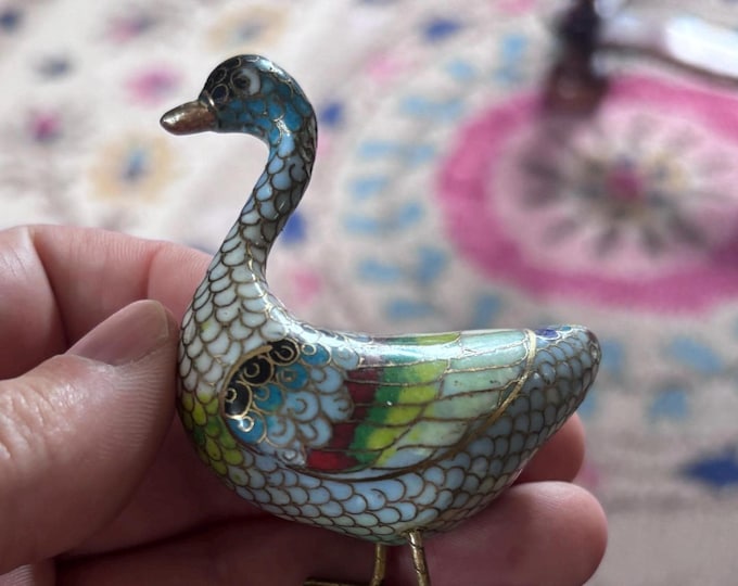 Vintage Chinese Cloisonné Goose Figurine | Miniature Enamel Bird Ornament | Brass & Enamel Decorative Collectible
