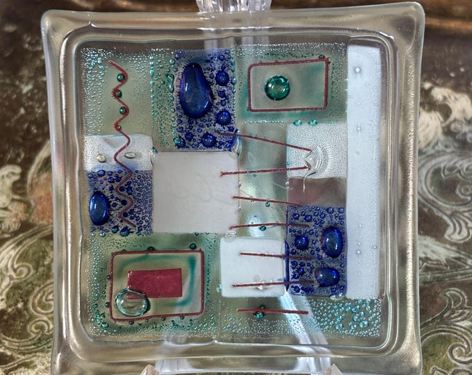 Signed Julie Studio Art Glass Fused Glass Abstract Plaque Paperweight Handmade 10cm
