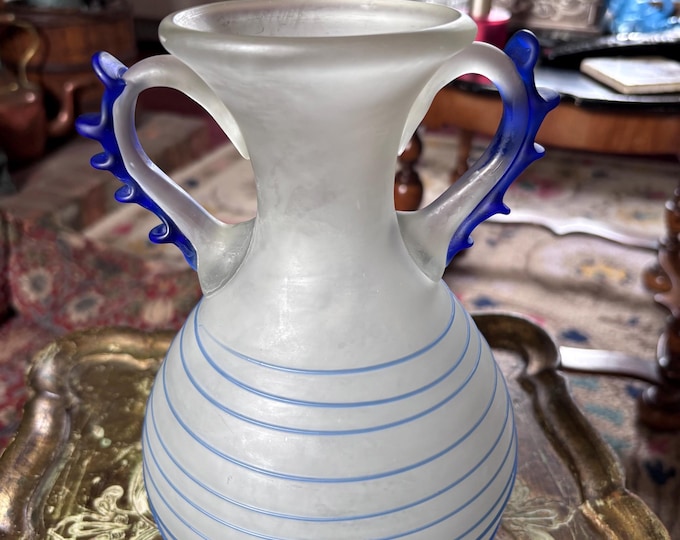 Frosted Art Glass Vase with Blue Applied Handles, Bohemian Czech Style, 22.5cm