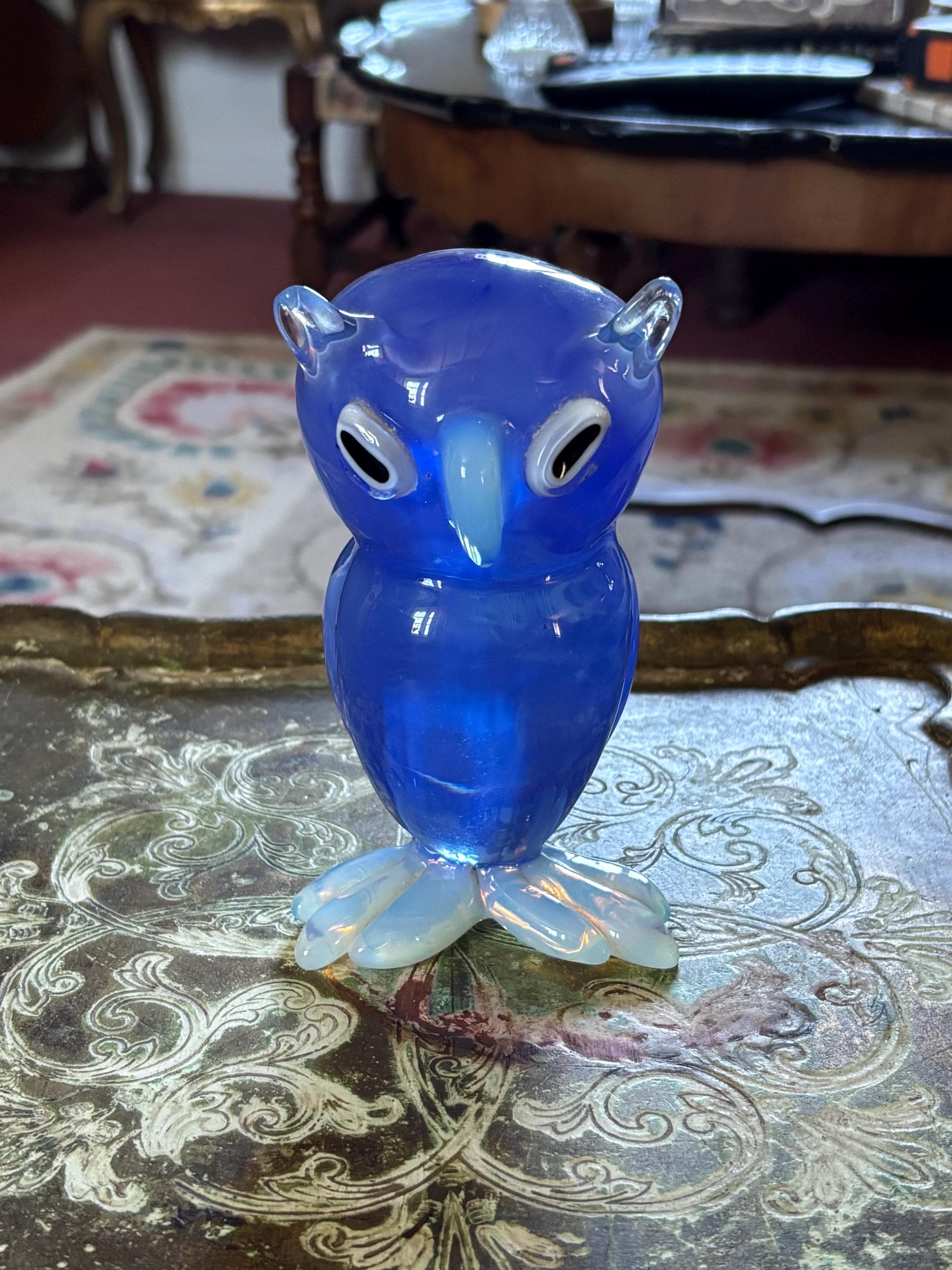 Vintage Italian Art Glass Owl Blue Opaline Hand Blown Glass Bird Figurine 940g