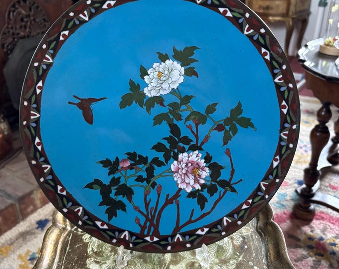 Antique Japanese Meiji Cloisonné Charger c.1880–1900 Peony & Insect 30.5cm