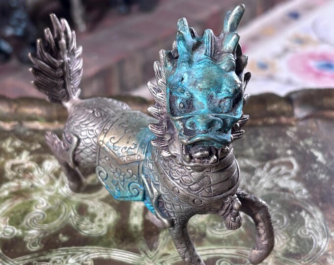 Vintage Cast Brass Qilin Figure: Silvered Finish, Verdigris Patina Chinese Guardian Beast