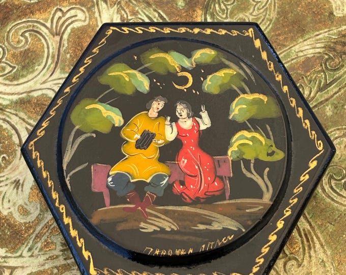 Vintage Russian Palekh Lacquer Box Hand Painted Hexagonal Folk Art Miniature