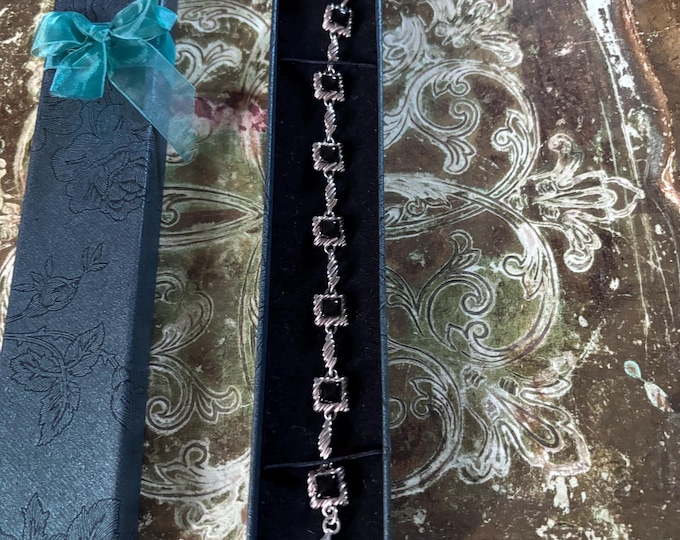 Vintage Sterling Silver Art Deco Revival Bracelet | Square Black Stone Links 18.5cm