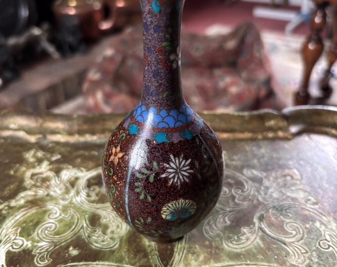 Antique Japanese Meiji Cloisonné Goldstone Aventurine Vase c.1890 Floral Butterfly 12cm
