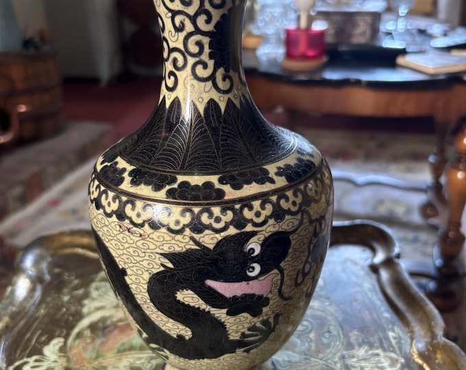 Antique Chinese Cloisonné Dragon Vase c.1900 Ivory Black Enamel 23cm