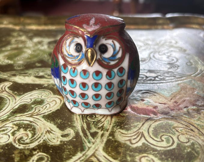 Vintage Chinese Cloisonné Owl Figurine Colourful Enamel Miniature Bird 5cm