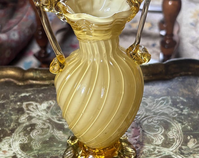 Hand-Blown Venetian Style Opaline & Amber Glass Vase with Applied Scroll Handles