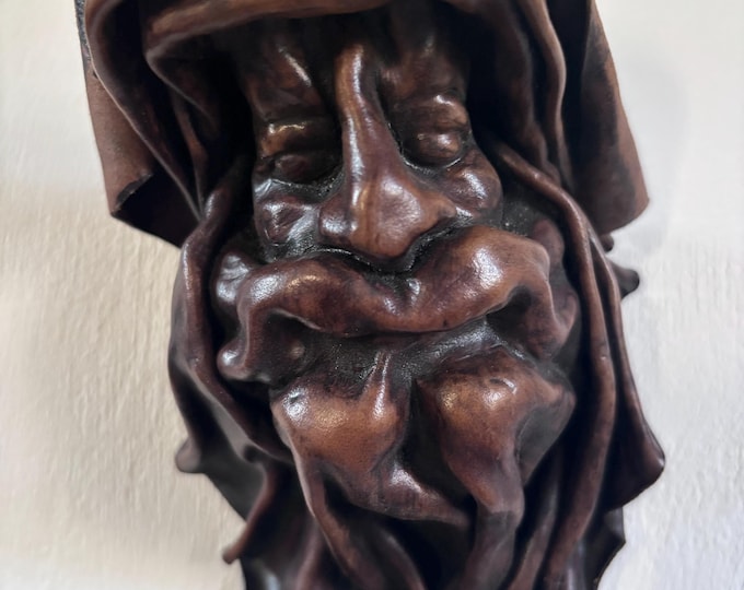 Vintage Sculpted Leather Wall Mask Hooded Bearded Sage Folk Art Gothic Fantasy Decor