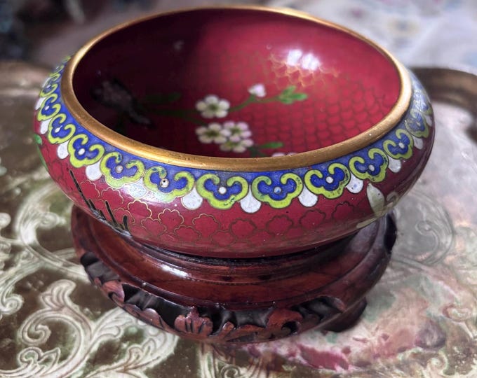 Vintage Chinese Cloisonné Enamel Bowl | Cherry Blossom, Swallow Design, Hardwood Stand