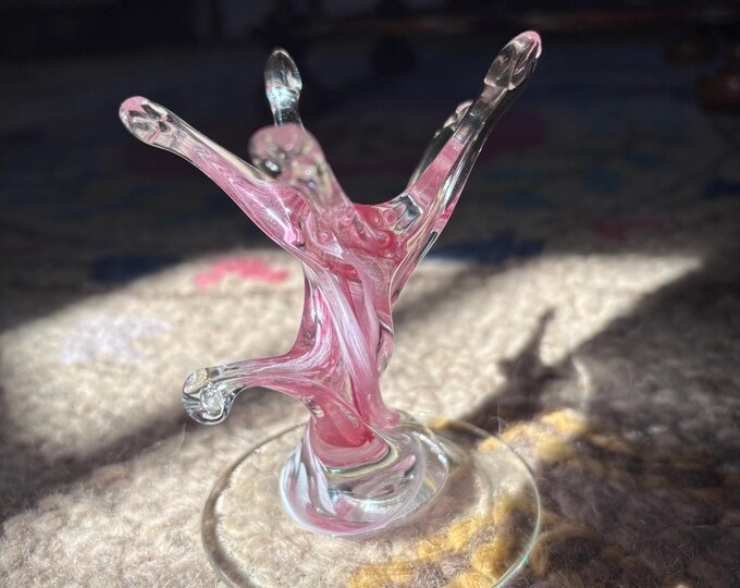 Vintage Hand Blown Pink Art Glass Ring Holder | Murano Style Jewelry Stand