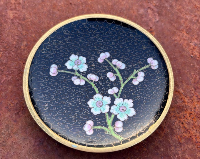 Antique Chinese Cloisonné Dish | Black Blossom Cloud Enamel Trinket Cabinet Display