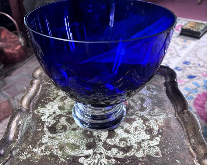 Cobalt Blue Glass Pedestal Bowl | Sapphire Art Glass Centrepiece | Mid Century Style Decor
