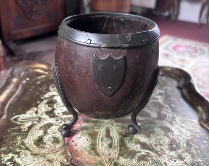 Antique Coconut Shell Cup | Pewter Mounts, Tripod Legs, Dark Academia Decor