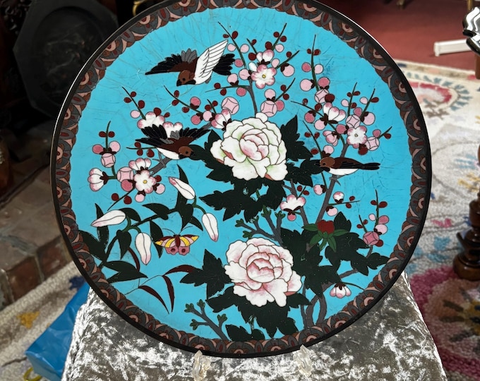Antique Japanese Meiji Cloisonné Enamel Charger: Turquoise Peony, Birds, Butterfly Plate