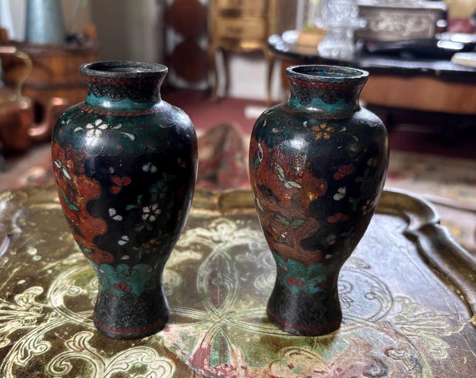 Antique Japanese Cloisonné Vase Pair Meiji Period c1890 Butterfly Floral 12cm