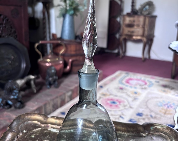 Vintage Hand Blown Art Glass Perfume Bottle | Smoke Blue Sculptural Flame Stopper