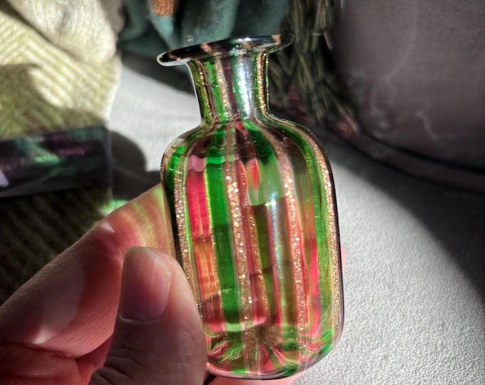 Vintage Aventurine Art Glass Vase: Hand Blown Green Amethyst Stripes, Murano Style Cabinet Glass