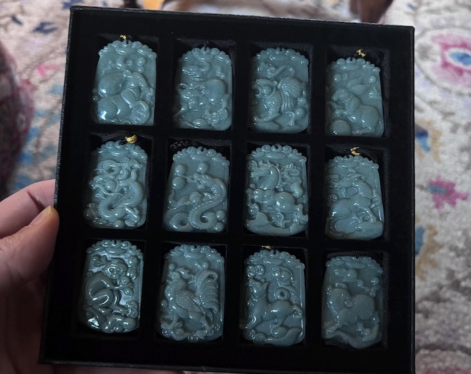 Vintage Chinese Zodiac Jade Pendants Set | Carved Green Jadeite Animals | Chinese Collection (Gift Boxed)