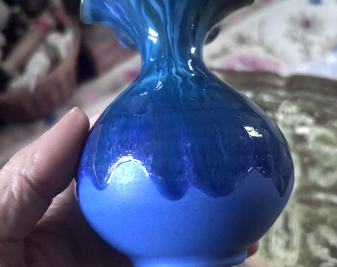 Vintage RAIA Greek Pottery Bud Vase: Blue Drip Glaze Ceramic Art (13cm)