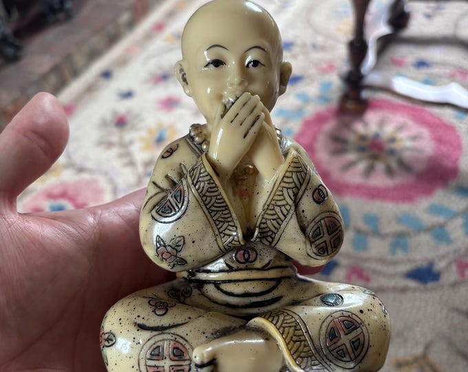 Vintage Resin Speak No Evil Buddha Monk – Aged faux Ivory Zen Décor Statue