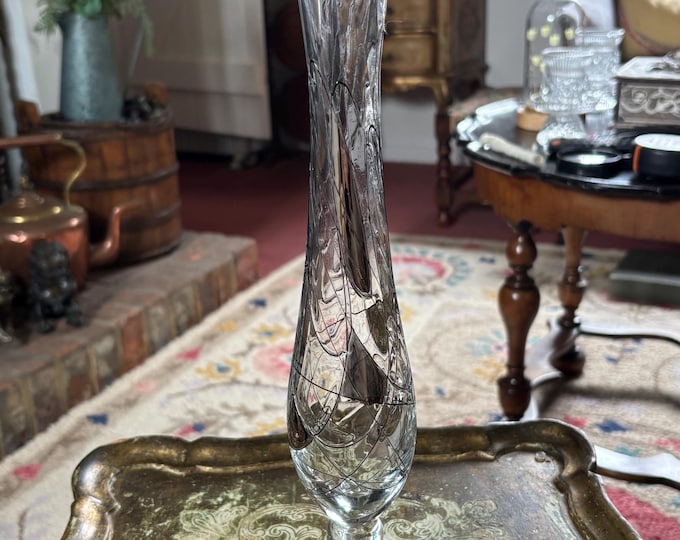 Vintage Star Glass UK Attributed Tall Handmade Art Glass Vase Silver Black 30.5cm