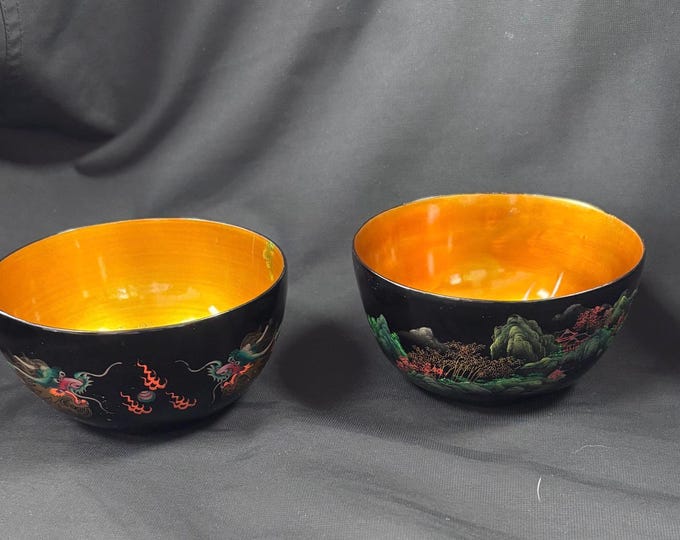 Vintage Asian Lacquerware Bowl Pair Hand Painted Goldfish Dragon Landscape Black & Gold Decorative Bowls