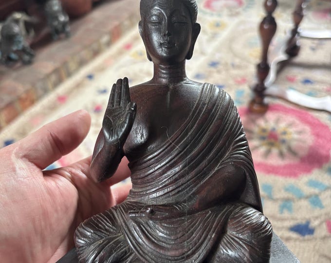 Hand Carved Wooden Buddha Figure Vintage Seated Meditation Sculpture Zen Decor