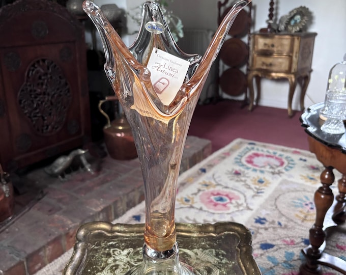 Linea Astuni Hand Blown Art Glass Vase – Murano Style Sculptural Peach Amber 16 Inch