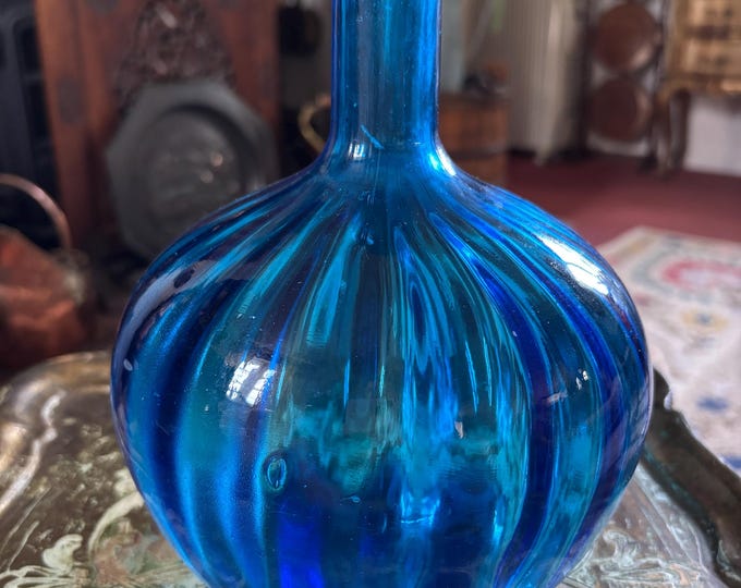 Vintage Blue Art Glass Bottle Vase, Ribbed Mould Blown Glass, 20cm