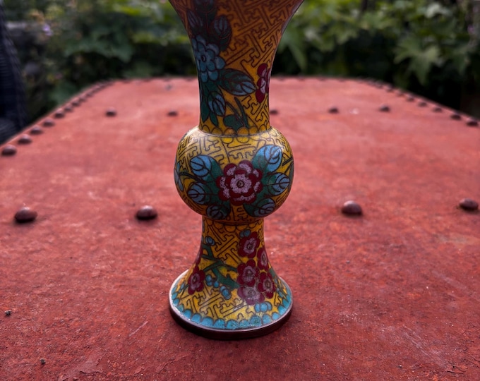Antique Yellow Cloisonné Gu Vase | Early 20th Century Floral Enamel on Copper