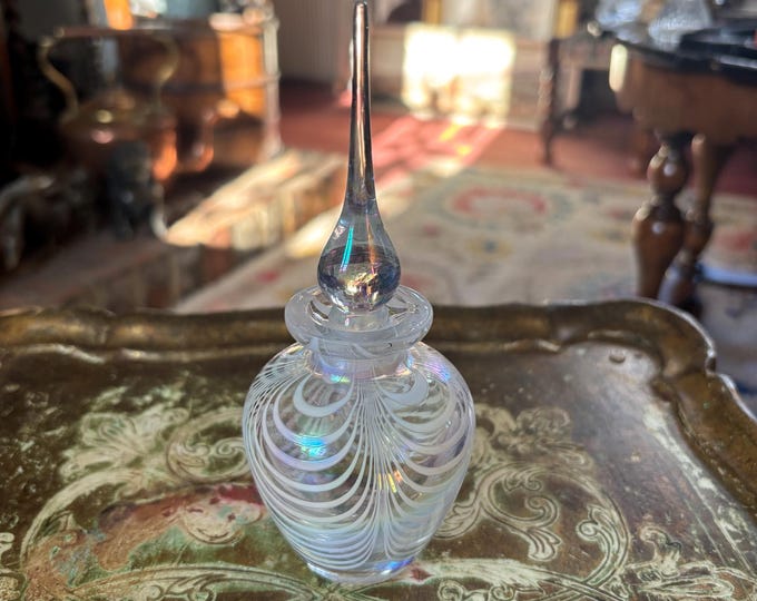 Vintage Iridescent Art Glass Perfume Bottle with Stopper – White Feathered Studio Glass