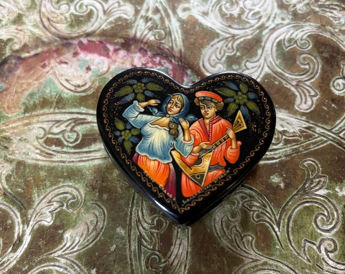 Vintage Kholuy Lacquer Miniature Heart Box Signed V Sedov Balalaika Folk Art
