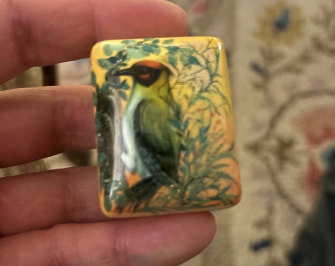 Vintage Russian Hand Painted Lacquer Box: Green Woodpecker, Kholui Style Trinket (5cm)