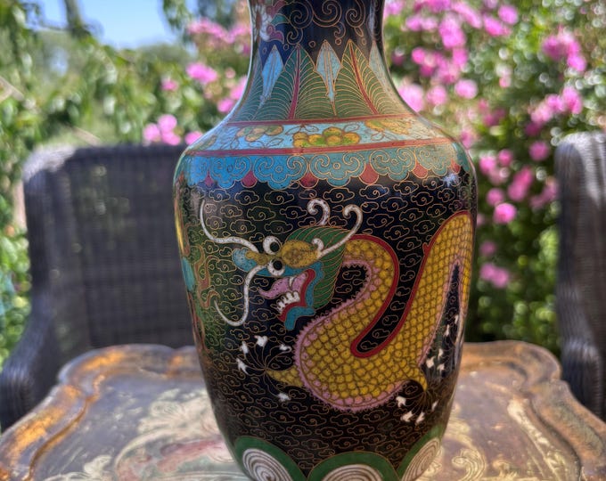 Large Vintage Chinese Cloisonné Dragon Vase Black Enamel 24cm Asian Decorative Brass Vase