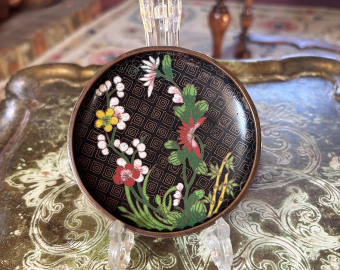Antique Chinese Cloisonné Dish c.1900 Black Floral Enamel Qing Republic 9.5cm