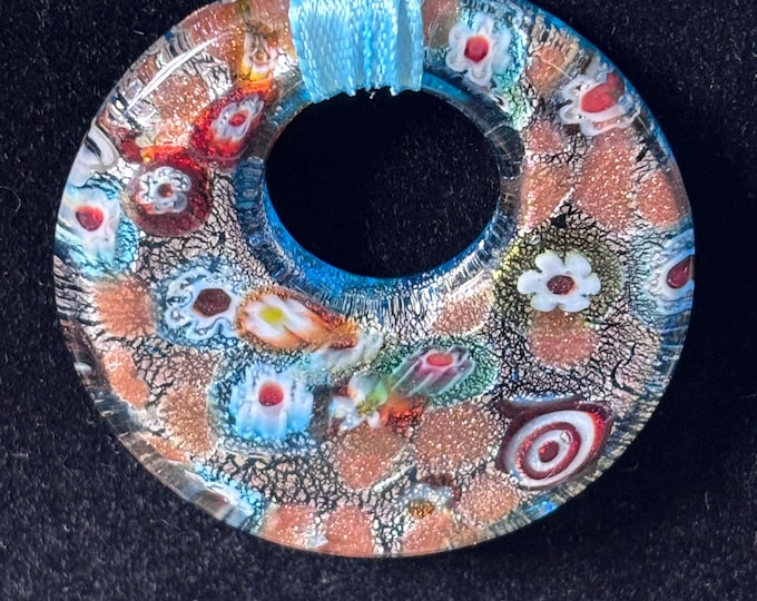 Reversible Millefiori Glass Donut Pendant Necklace Murano Style Venetian Art Glass