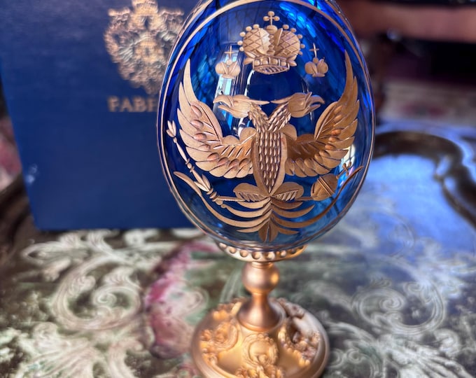 Cobalt Blue Crystal Fabergé Egg | Hand Engraved Double Eagle, Gilt Detail (Original Box)
