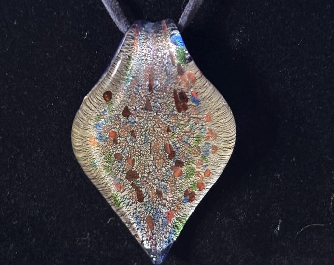 Venetian Murano Style Art Glass Pendant Necklace Cobalt Blue Silver Foil 7cm