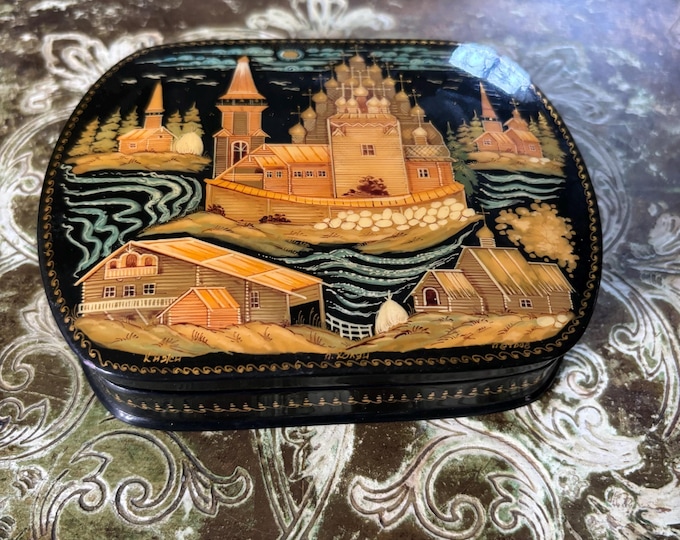 Russian Kholui Lacquer Box Kizhi Hand Painted Miniature Signed Petrov