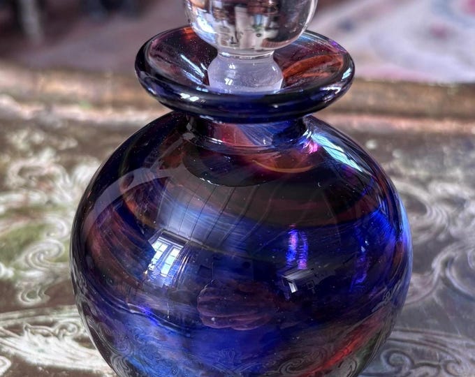 Vintage Millrace Studio Glass Perfume Bottle | Hand Blown Blue Cranberry Iridescent Scent Bottle