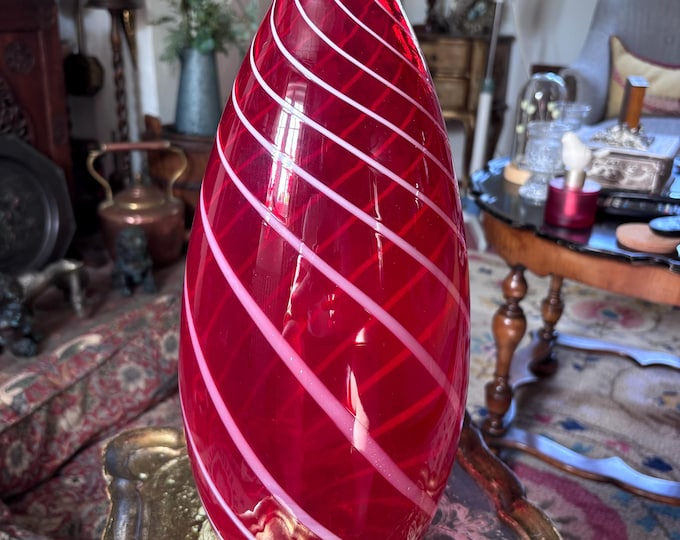 Large Ruby Red Art Glass Vase: Murano Style Latticino Spiral Hand Blown Statement (39cm)