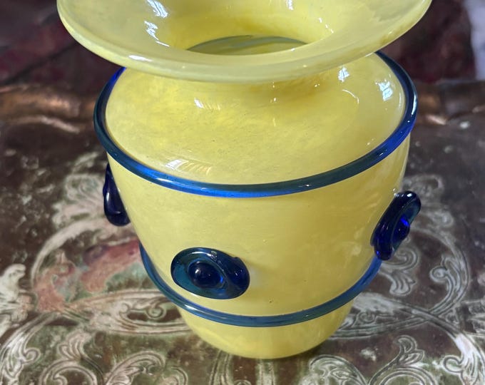 Hand Blown Studio Art Glass Vase Yellow Satin Glass Cobalt Blue Applied Decor 14cm