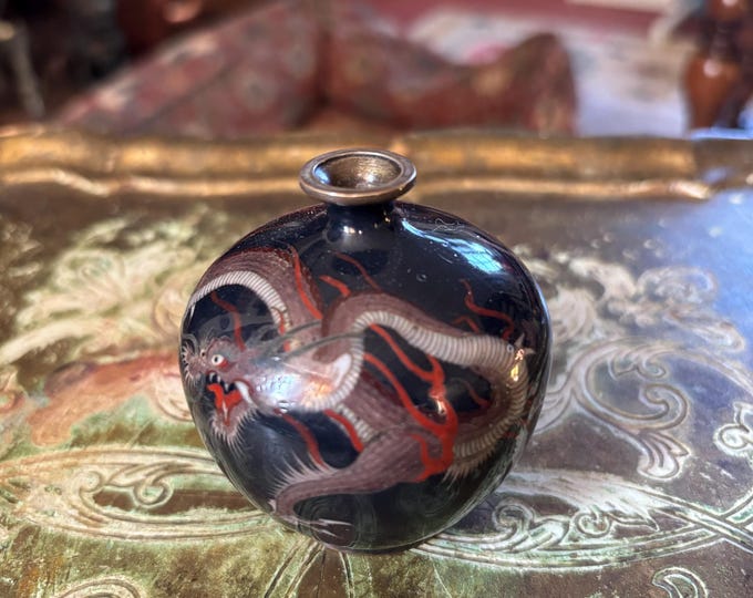 Antique Japanese Meiji Cloisonné Dragon Miniature Vase Fine Silver Wire c1900