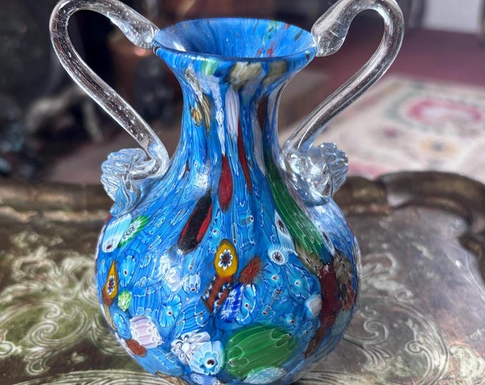 Vintage Millefiori Art Glass Vase Italian Murano Twin Handled Blue Hand Blown Decorative Collectible