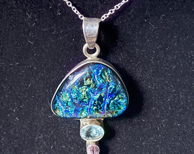 Sterling Silver Dichroic Glass Pendant Necklace | Blue Green Iridescent Statement Piece