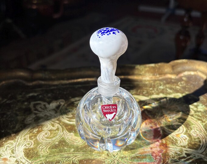 Vintage Orrefors Sweden Crystal Perfume Bottle Blue White Art Glass Stopper Scandinavian Scent Bottle