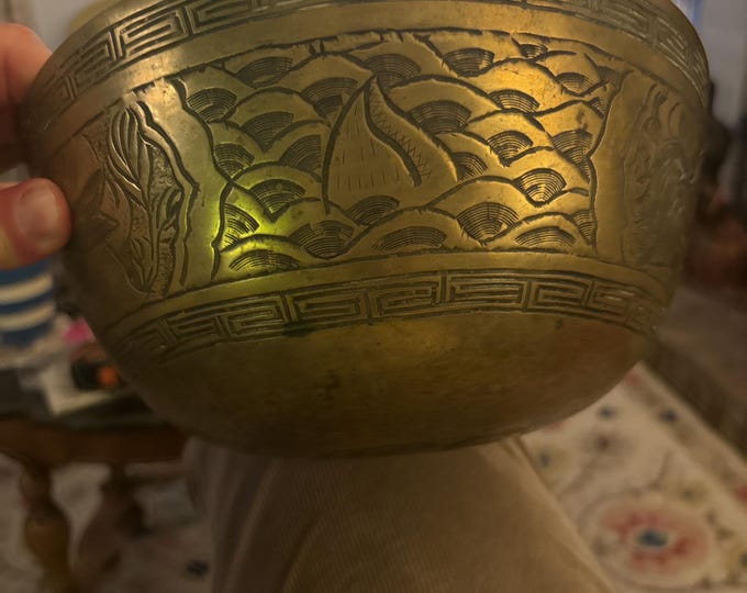 Large Vintage Brass Dragon Phoenix Bowl | Xuande Mark Asian Home Decor